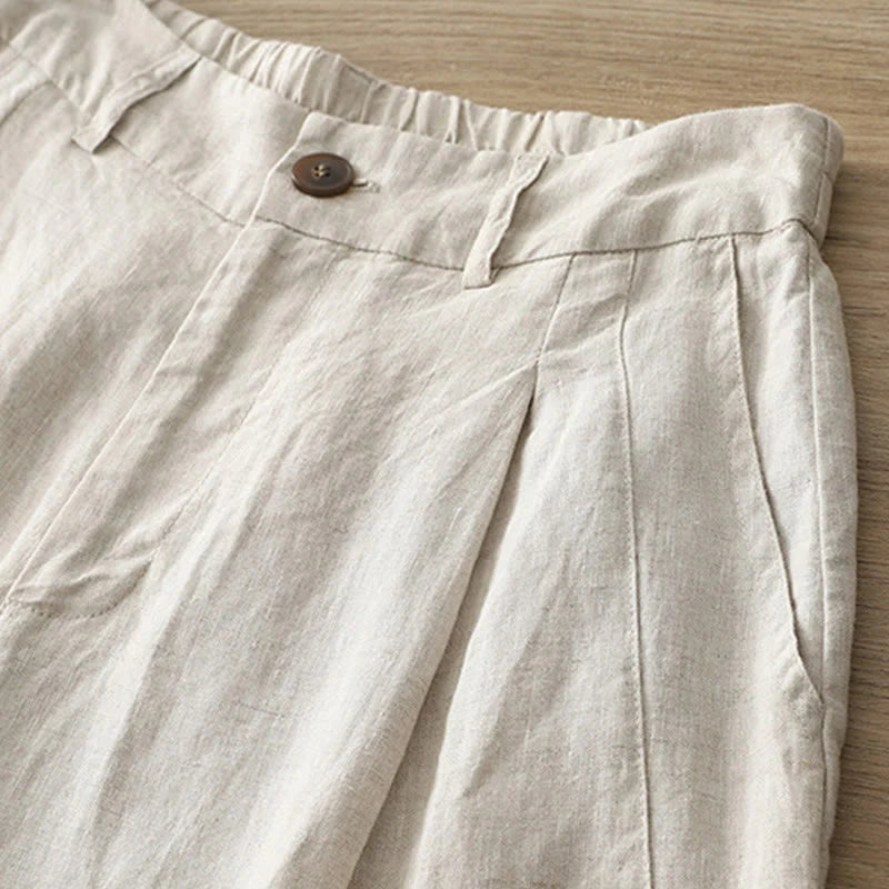 Buddha Stones Casual Retro Plain Women's Cotton Wide Leg Pants With Pockets Zipper