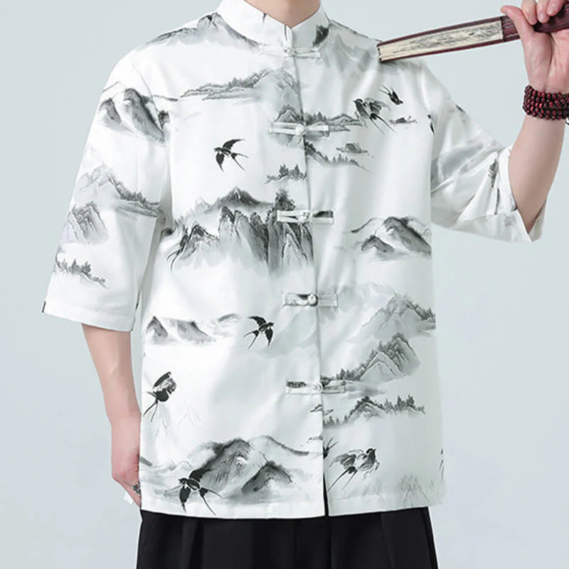 Buddha Stones Printing Chinese Ink Landscape Pattern Men's Frog-button Half Sleeve Shirts