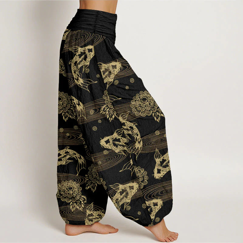 Buddha Stones Cotton Exquisite Koi Fish Flowers Leaves Curve Pattern Women's Elastic Waist Harem Pants