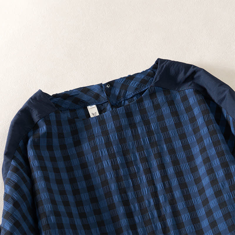 Buddha Stones Summer MidnightBlue Checked  A-line Pleated Crew Neck Knee Length Women's Short Sleeve Dress