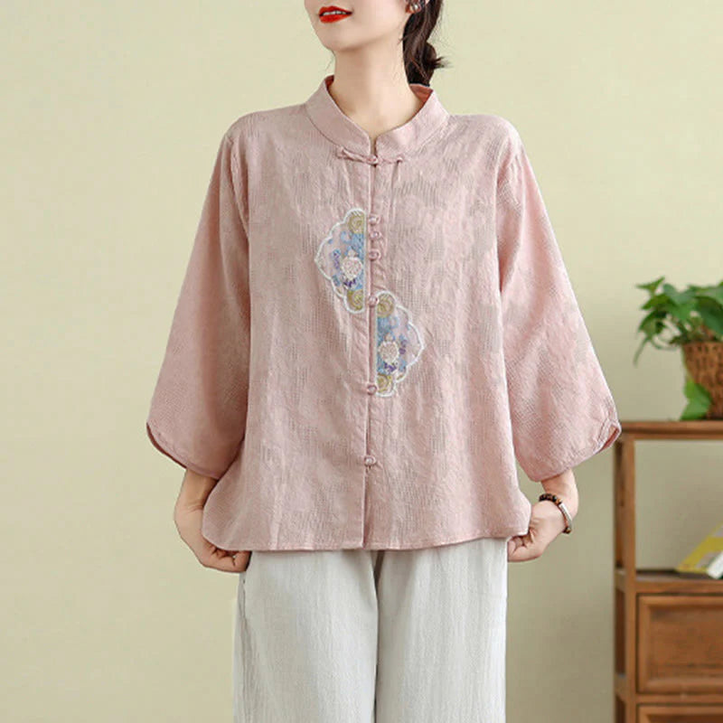 Buddha Stones Flower Embroidery Jacquard Three Quarter Sleeve Frog-Button Cotton Women's Shirt