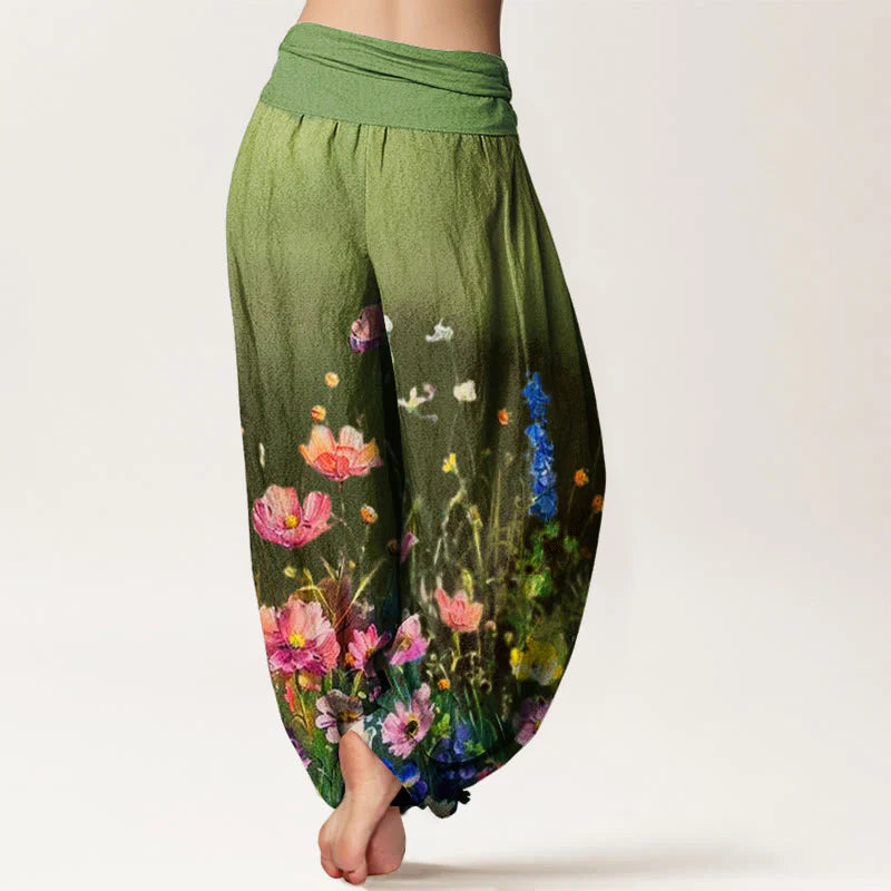 Buddha Stones Cotton Casual Watercolor Style Floral Pattern Women's Elastic Waist Harem Pants