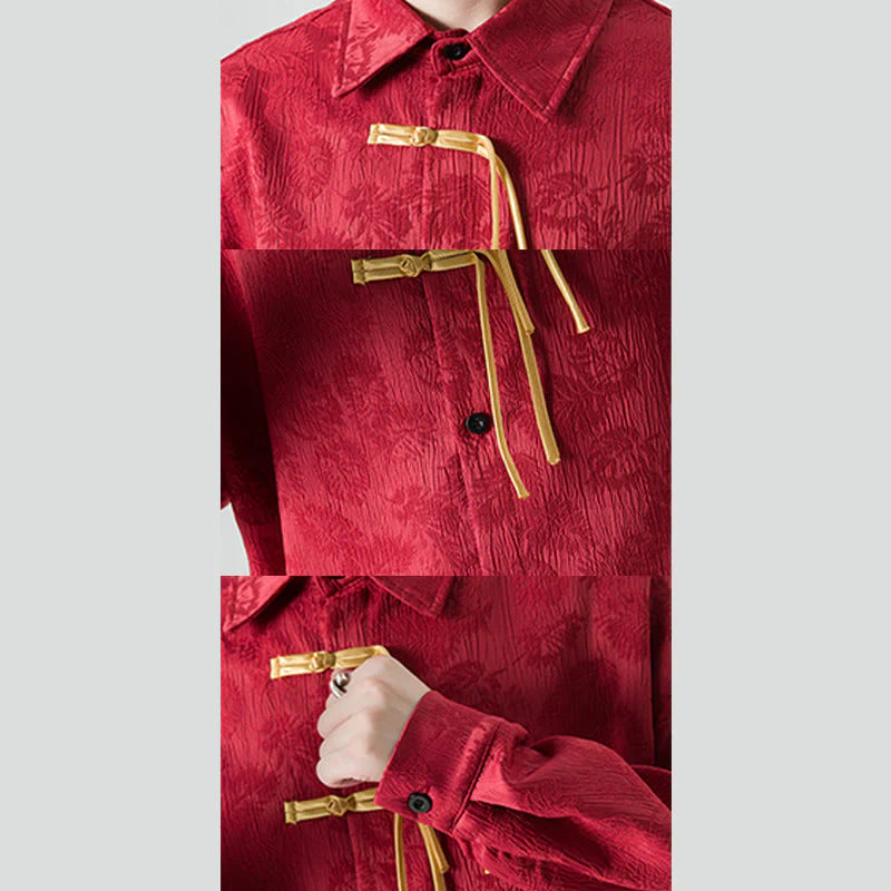 Buddha Stones Frog-Button Leaves Pattern Long Sleeve Men's Tang Suit Jacket