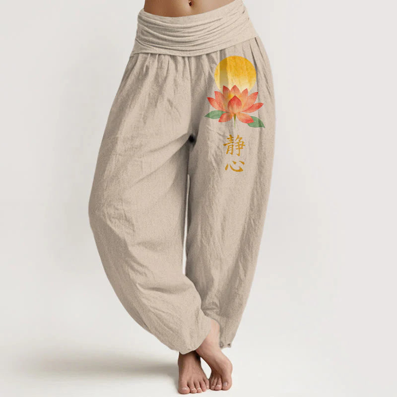 Buddha Stones Cotton Full Moon Lotus Flower Pattern Women's Elastic Waist Harem Pants