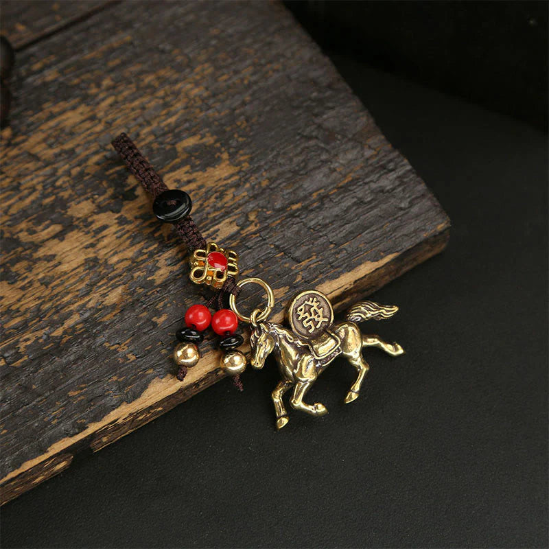 Buddha Stones Year Of The Horse Copper Brass Five-emperor Coins Pixiu Ward Off Evil Spirits Key Chain