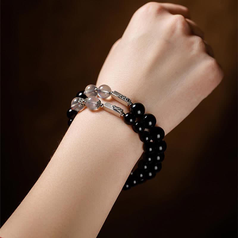 Buddha Stones 925 Sterling Silver Obsidian Moonstone Strength Couple Bracelet
