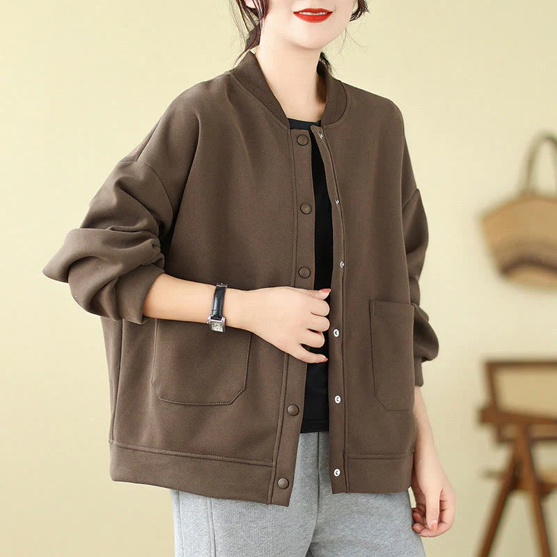 Buddha Stones Plain Women's Buttons Crew Neck Long Sleeve Cotton Jacket With Pockets