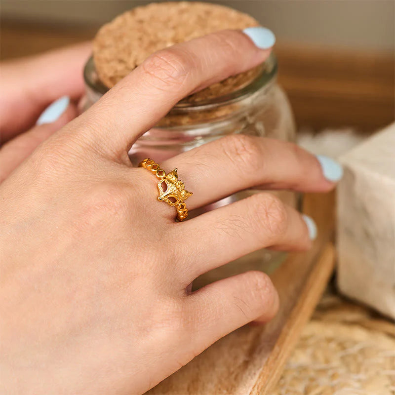 Buddha Stones 24k Gold Plated Brass Fox Coin Hollow Design Adjustable Ring