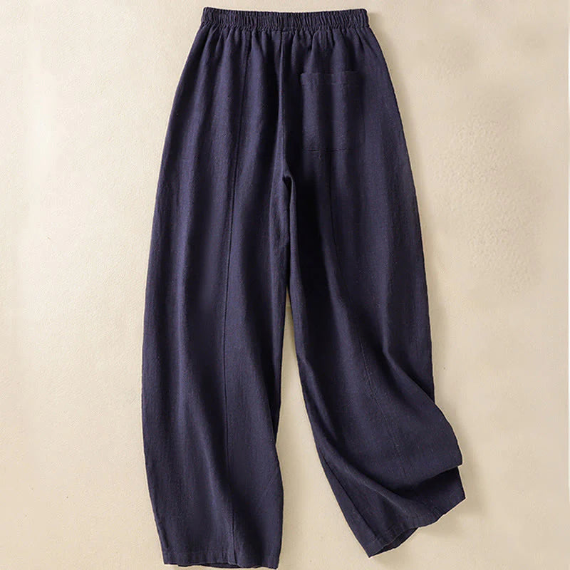 Buddha Stones Plain Simple Design High Waist Women's Cotton Linen Harem Pants With Pockets