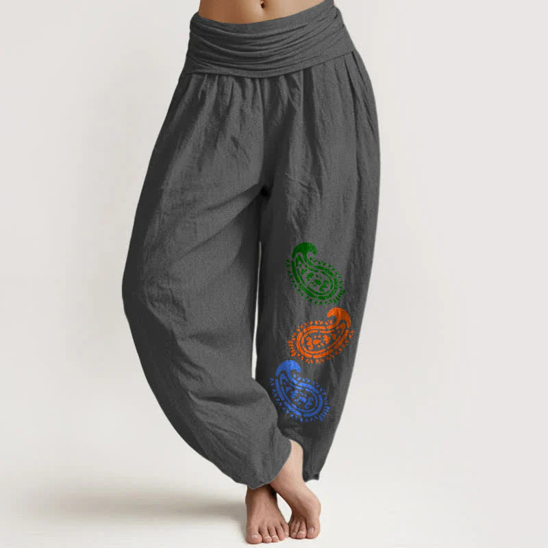 Buddha Stones Pure Cotton Colorful Paisley High Waist Women's Harem Pants