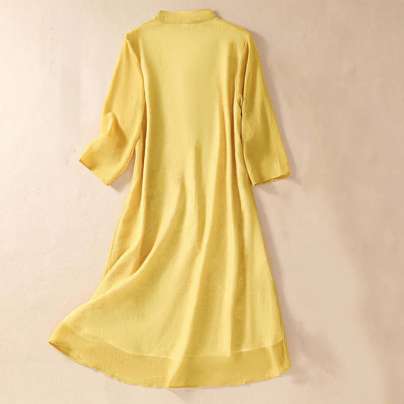 Buddha Stones Women's Flower Embroidery Frog-Button Shirt Dress Wide Leg Pants