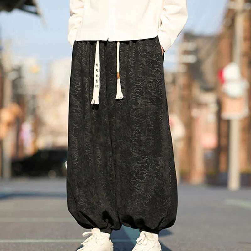 Buddha Stones Black Jacquard Drawstring Elastic Cuff Men's Harem Pants With Pockets