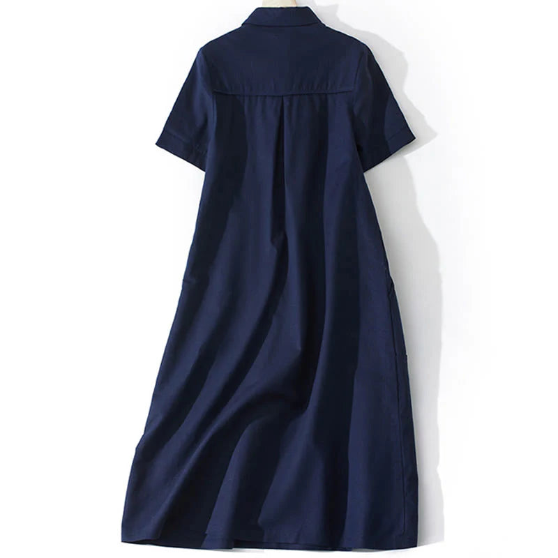 Buddha Stones Summer Retro Solid Color Button Design Short Sleeve Cotton Midi Dress With Pockets