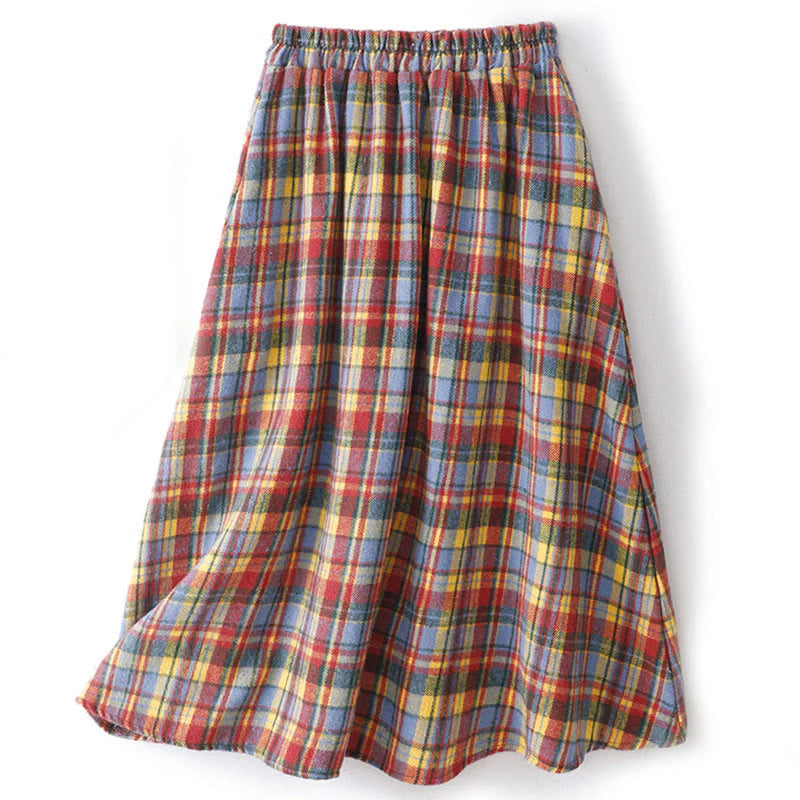 Buddha Stones Fall Winter Women's Plaid Pattern Cotton Skirt With Pockets