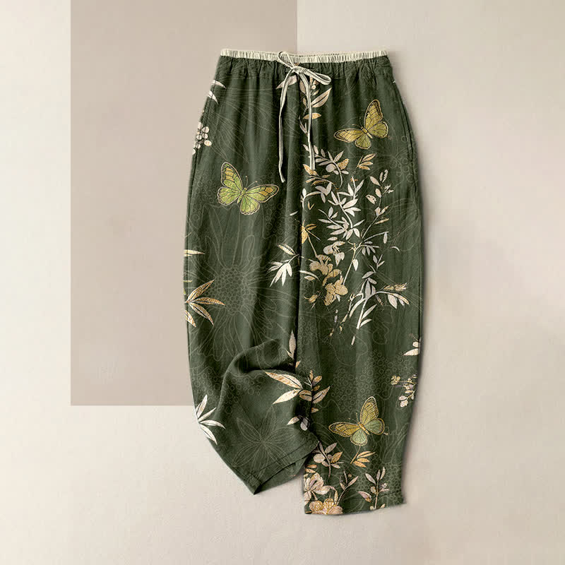 Buddha Stones Pure Cotton Butterfly leaves Flowers Pattern Drawstring Colorful Women's Pants With Pockets