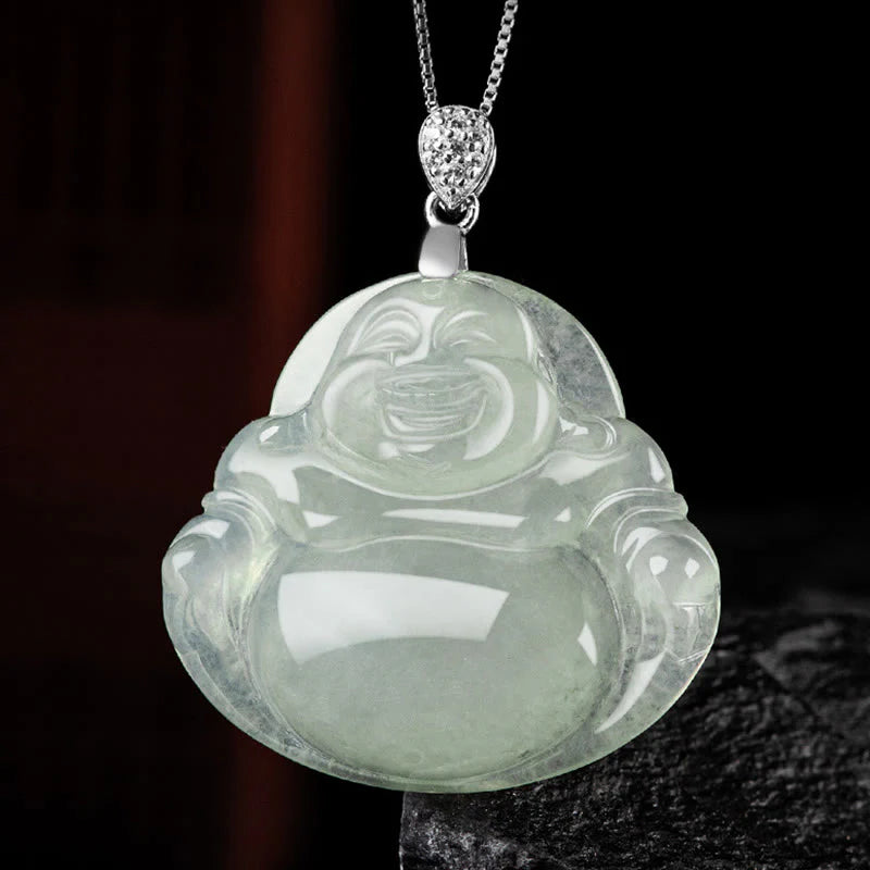 Buddha Stones Natural Jade Laughing Buddha Prosperity Abundance Titanium Steel Chain Necklace Pendant