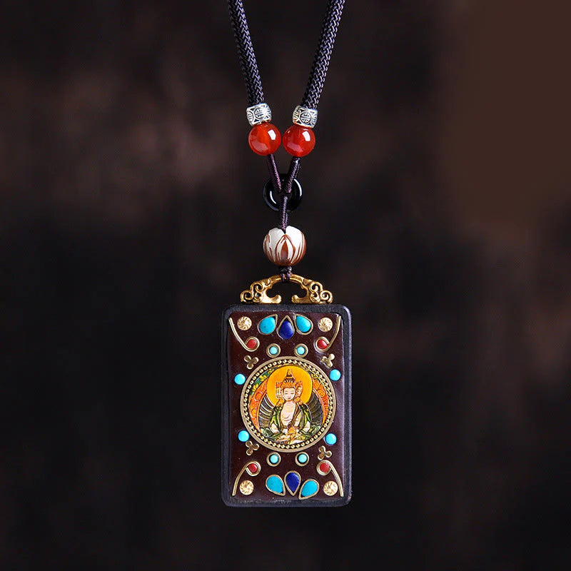 Buddha Stones Thangka Yin Yang Copper Coins Ebony Wood Zakiram Balance Pendant Necklace