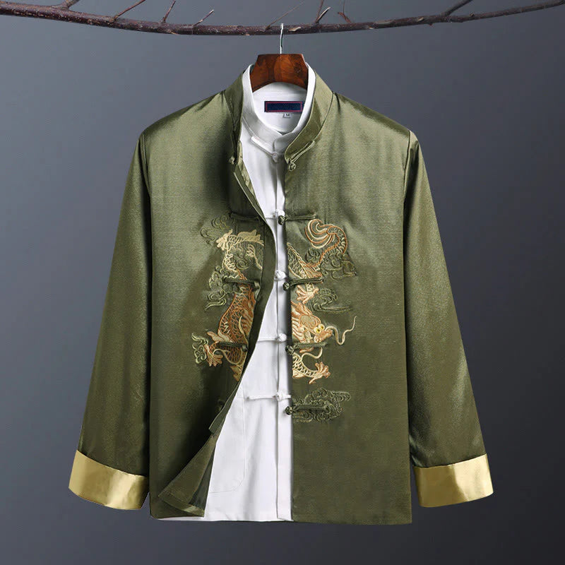 Buddha Stones Spring Fall Dragon Embroidery Frog-Button Long Sleeve Men's Jacket