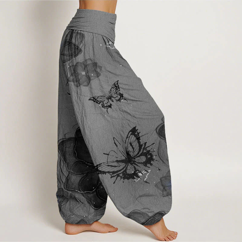 Buddha Stones Cotton Butterfly Flowers Pattern Women's Elastic Waist Harem Pants