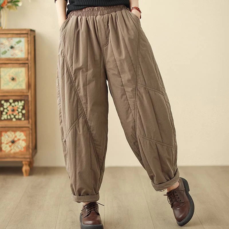 Buddha Stones Winter Plain High Waist Cotton Women's Harem Thermal Elastic Waist Pants With Pockets