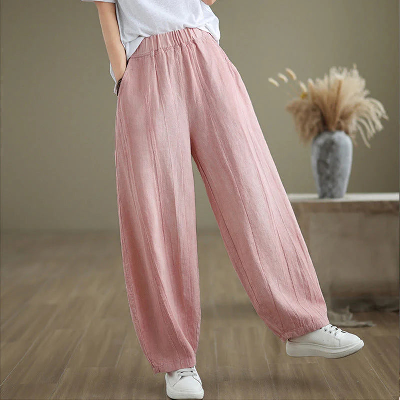 Buddha Stones Casual Plain Women's Cotton Linen Harem Pants With Pockets