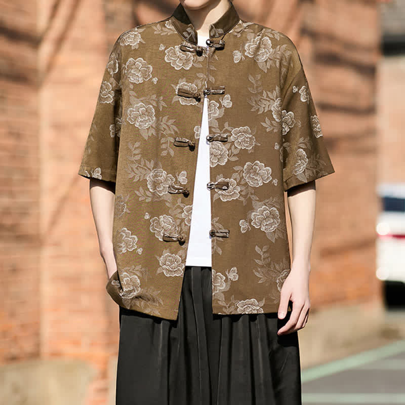 Buddha Stones Retro Frog Buttons Mandarin Collar Floral Jacquard Men's Short Sleeve Shirt
