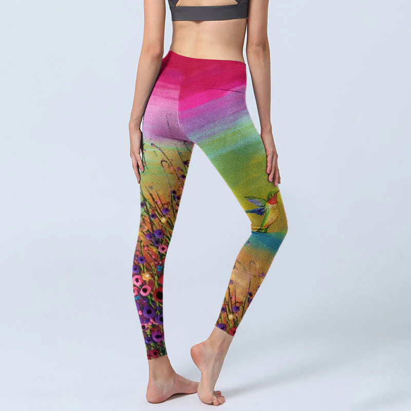 Buddha Stones Blooming Flower Bird Pattern Print Gym Leggings Women's Yoga Pants