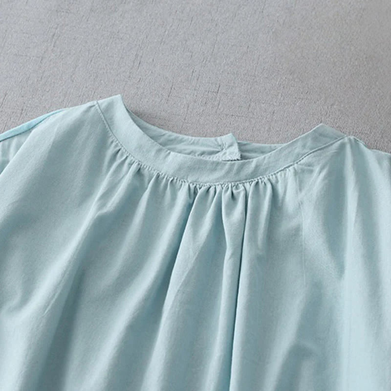 Buddha Stones Casual Pure Color Back Buttons Design Crew Neck Short Sleeve Cotton Linen Midi Dress With Pockets