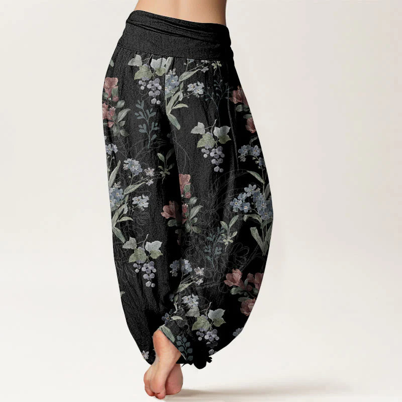 Buddha Stones Pure Cotton Red Blue Flowers Green Leaves Design Women's Elastic Waist Harem Pants