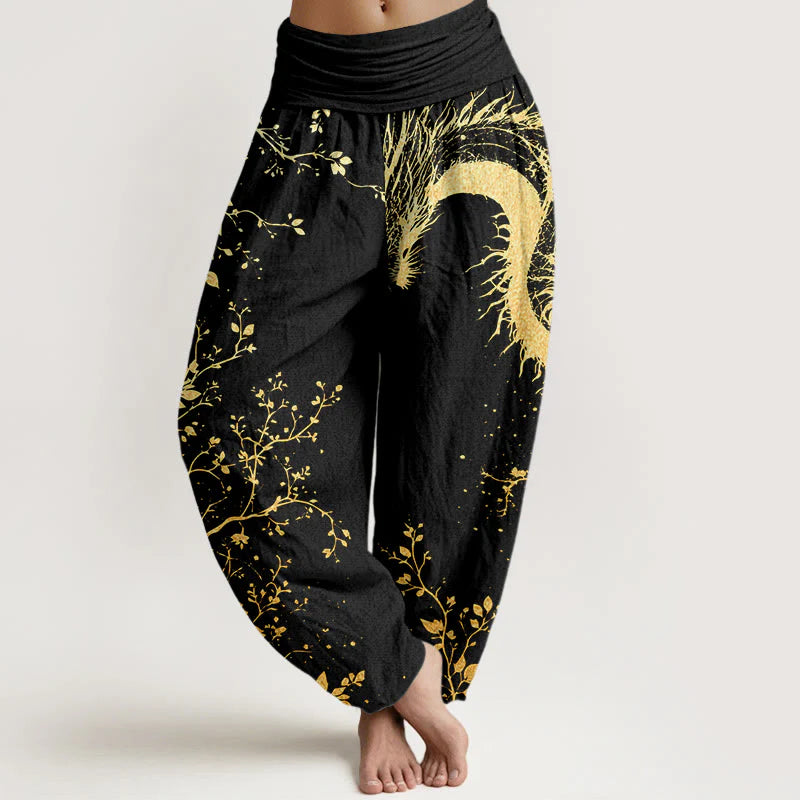 Buddha Stones Cotton Casual Dragon Flower Leaf Pattern Women's Elastic Waist Harem Pants