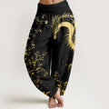 Buddha Stones Cotton Casual Dragon Flower Leaf Pattern Women's Elastic Waist Harem Pants