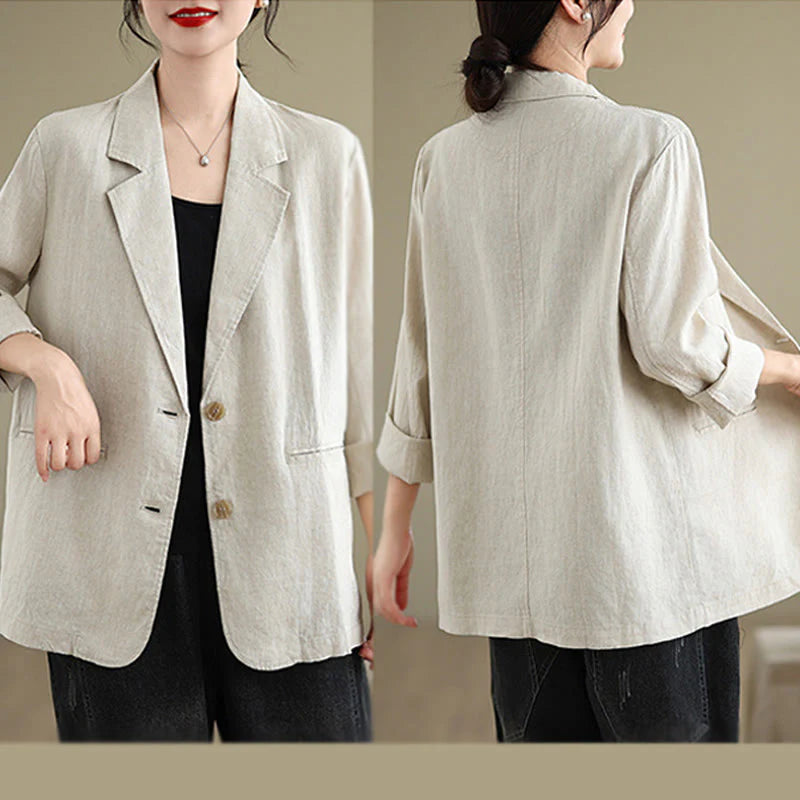 Buddha Stones Spring Solid Color Long Sleeve Cotton Linen Women's Jacket With Pockets