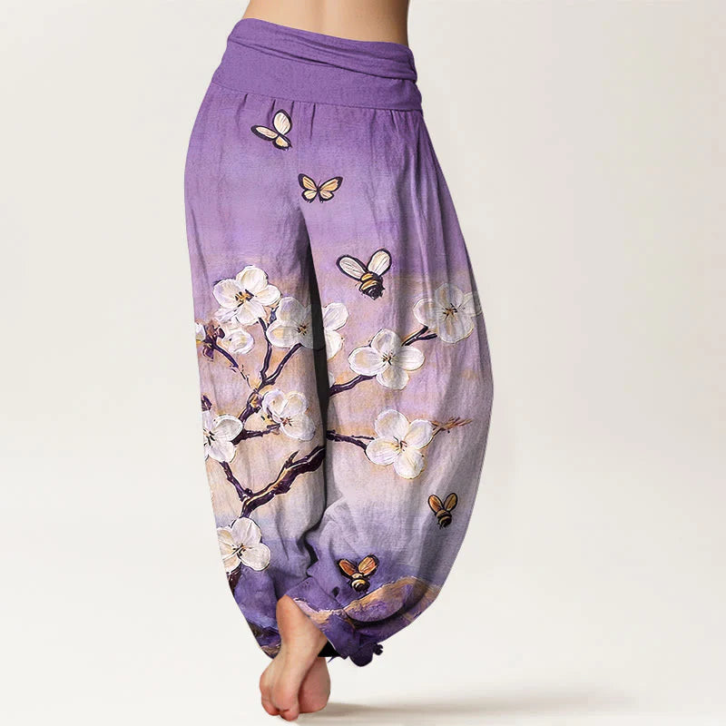 Buddha Stones Cotton Colourful Flower Butterfly Bee Pattern Women's Elastic Waist Harem Pants