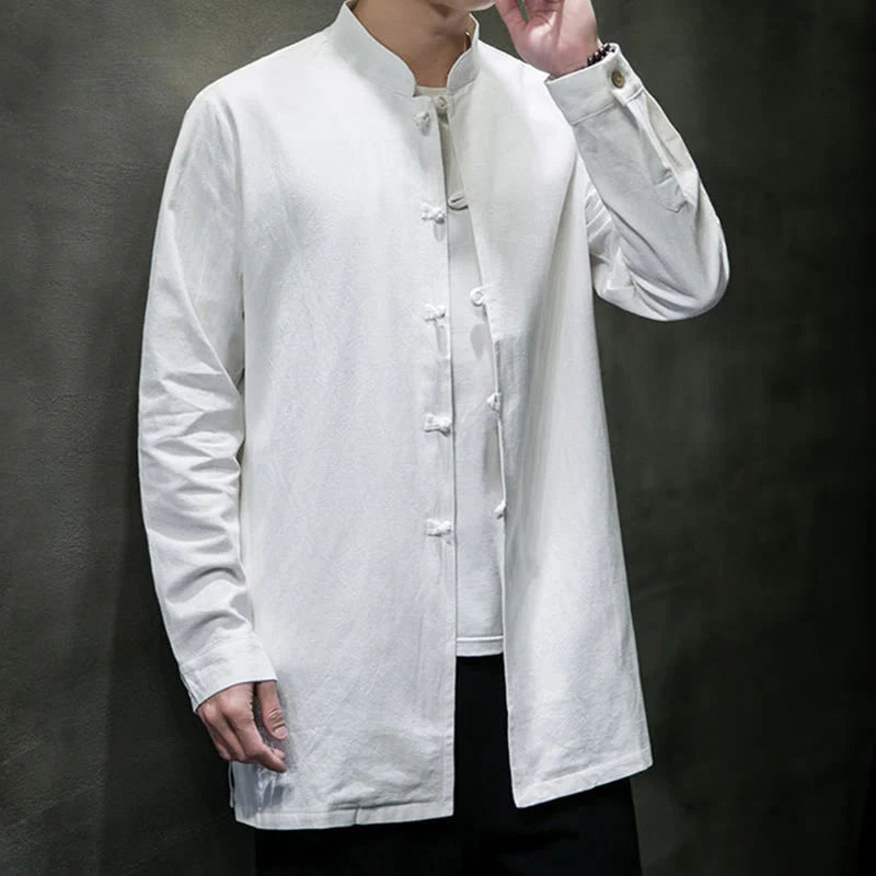 Buddha Stones Simple Tang Suit Plain Chinese Frog-Button Men's Cotton Long Sleeve Jacket Shirt