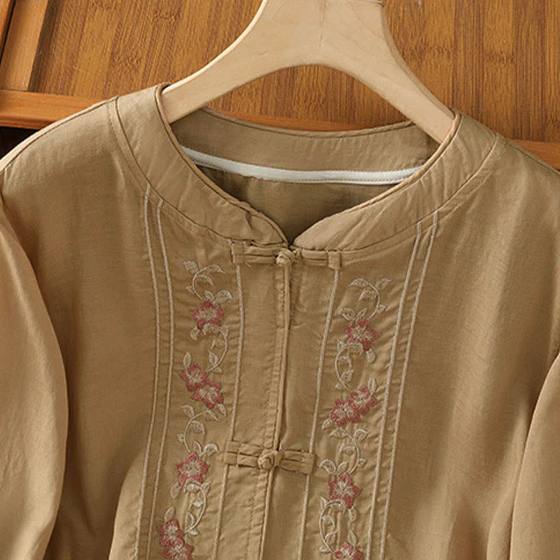 Buddha Stones Frog-button Stand Collar Embroidered Flower Elastic Cuff Three Quarter Sleeve Women's Shirt