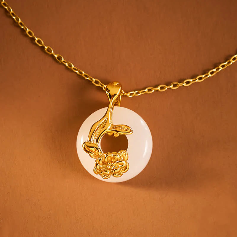 Buddha Stones 925 Sterling Silver Peony Peace Buckle Hetian White Jade Blessing Necklace Pendant