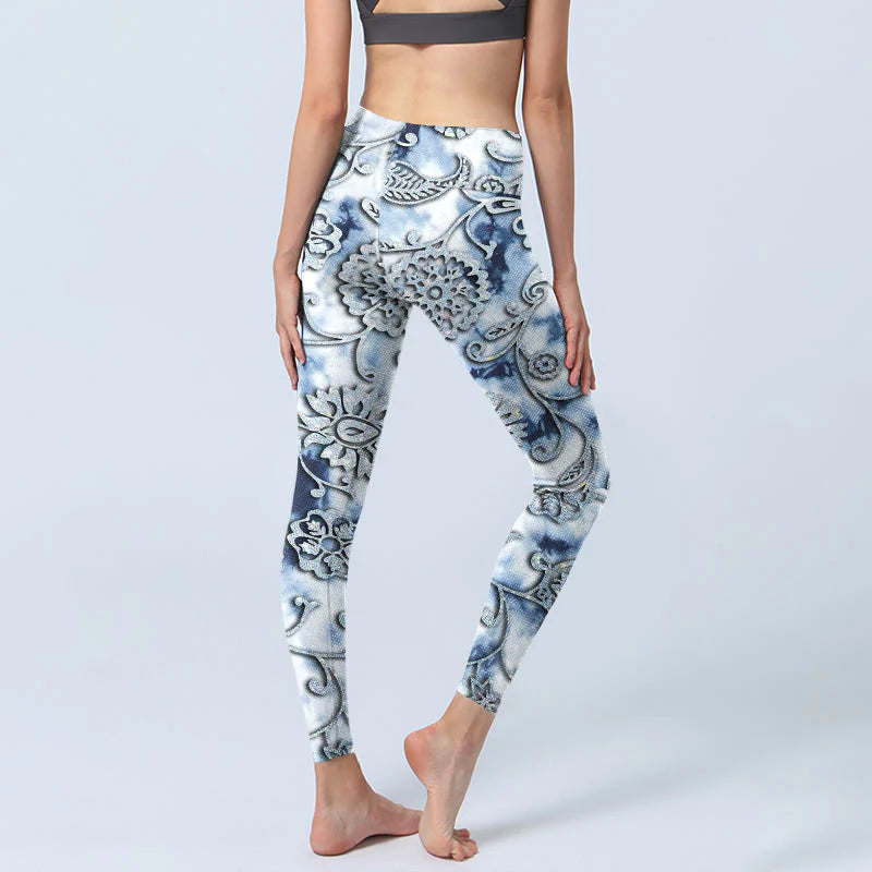 Buddha Stones White Round Flowers Print Exercise Leggings Women's Yoga Pants
