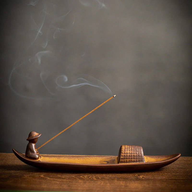 Buddha Stones A Lonely Fisherman Afloat Ceramic Healing Incense Burner