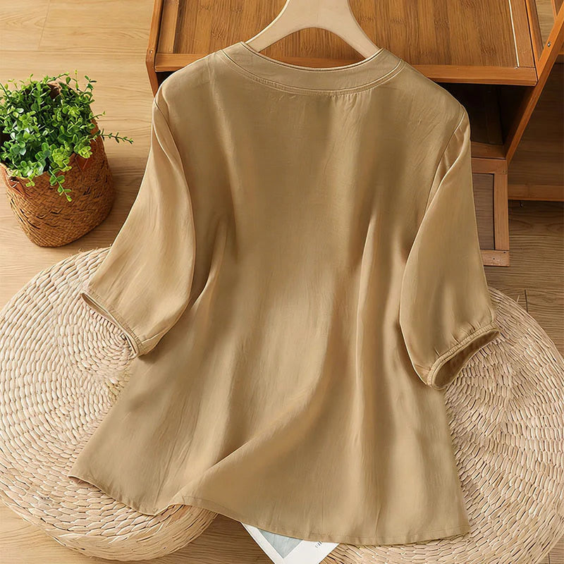 Buddha Stones Frog-button Stand Collar Embroidered Flower Elastic Cuff Three Quarter Sleeve Women's Shirt