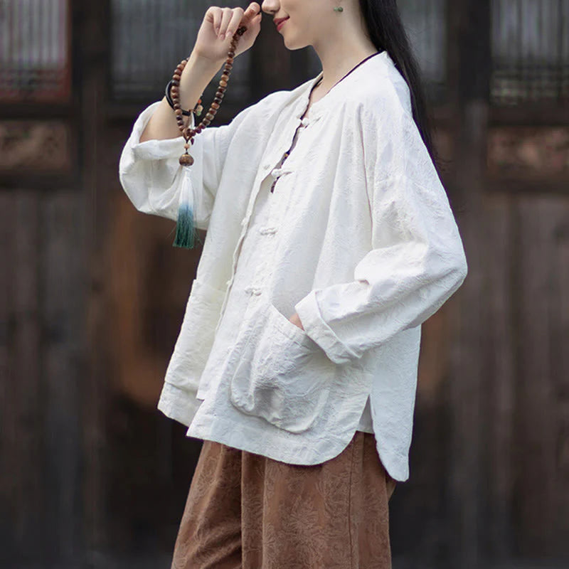 Buddha Stones Fall Jacquard Women's Frog-Button Long Sleeve Shirt Pants Cotton Linen Clothing