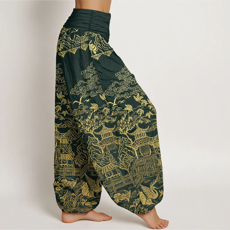 Buddha Stones Cotton Classical Architecture Landscape Animal Auspicious Clouds Pattern Women's Elastic Waist Harem Pants
