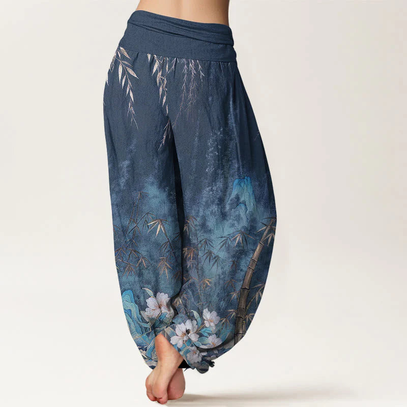 Buddha Stones Cotton Natural Landscape Bamboo Flowers Pattern Women's Elastic Waist Harem Pants
