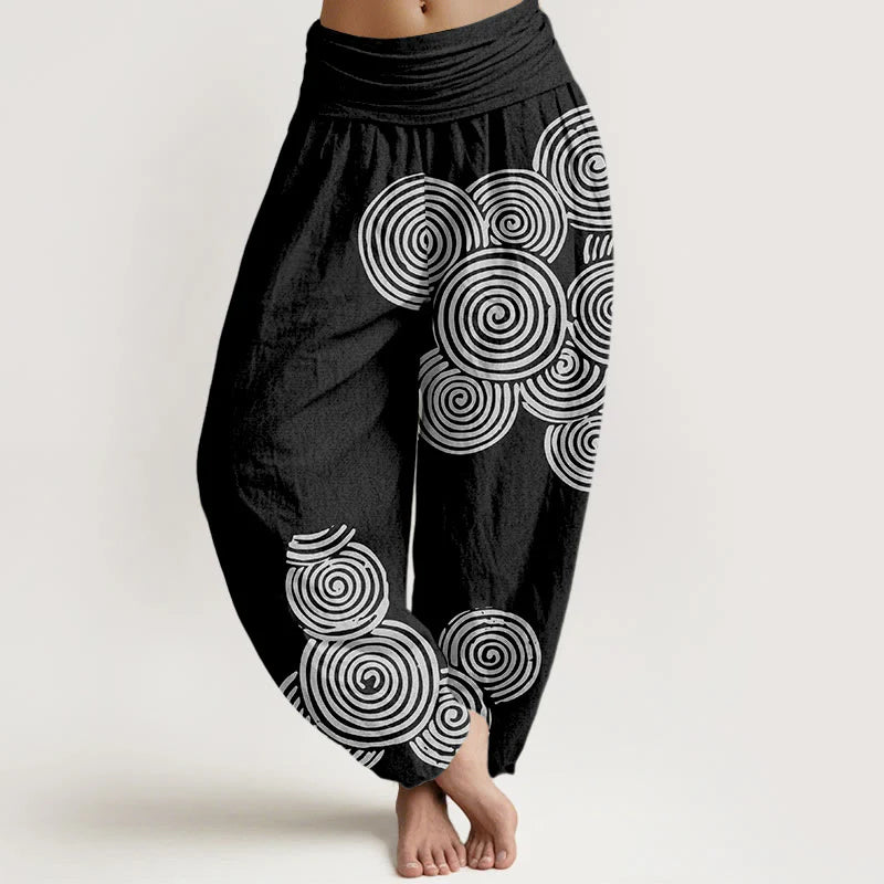Buddha Stones Printed White Spiral Pattern Women's Elastic Waist Harem Pure Cotton Pants