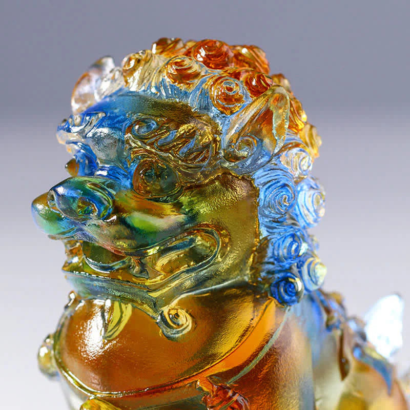 Buddha Stones Handmade Liuli Crystal Lion Art Piece Strength Home Office Decoration