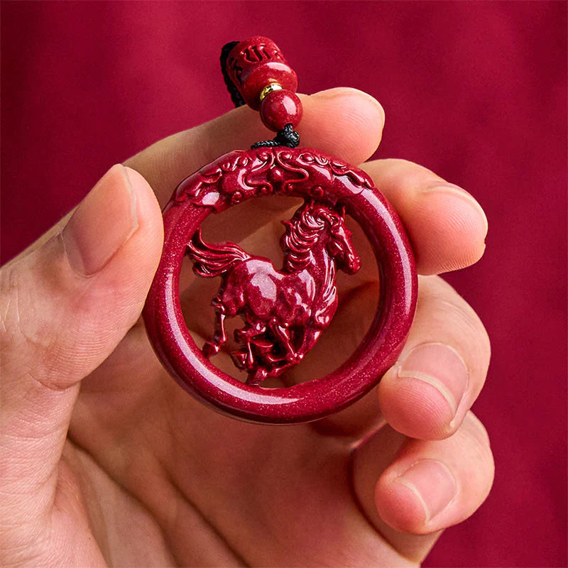 Buddha Stones Year Of The Horse Carving Peace Buckle Natural Cinnabar Concentration Necklace Pendant