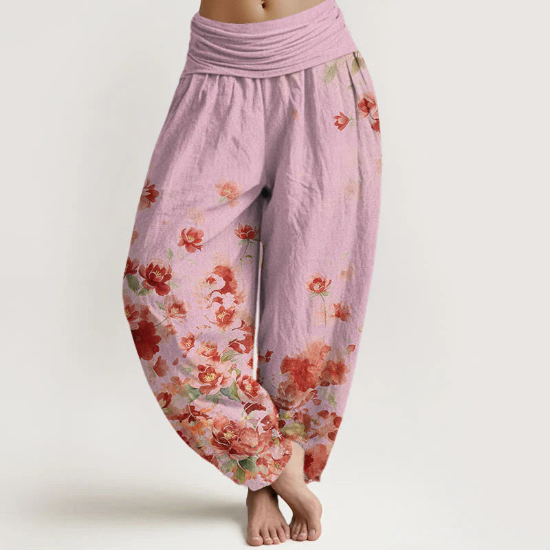 Buddha Stones Cotton Camellia Peony Blossom Pattern Women's Elastic Waist Harem Pants
