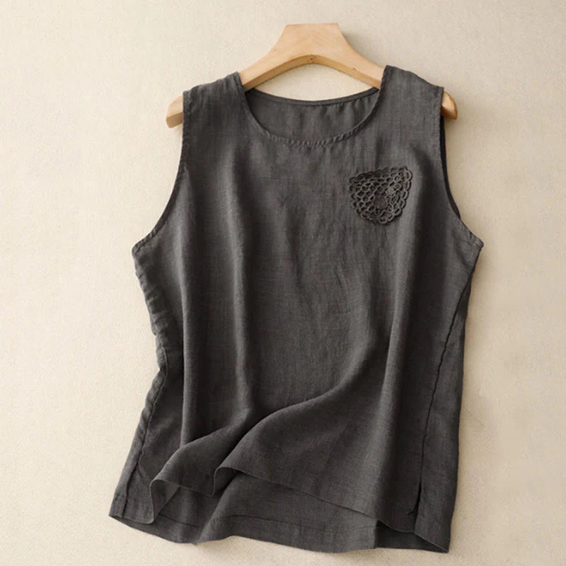 Buddha Stones Casual Pure Color Embroidery Patchwork Design Sleeveless Crew Neck Women's Cotton Linen Vest