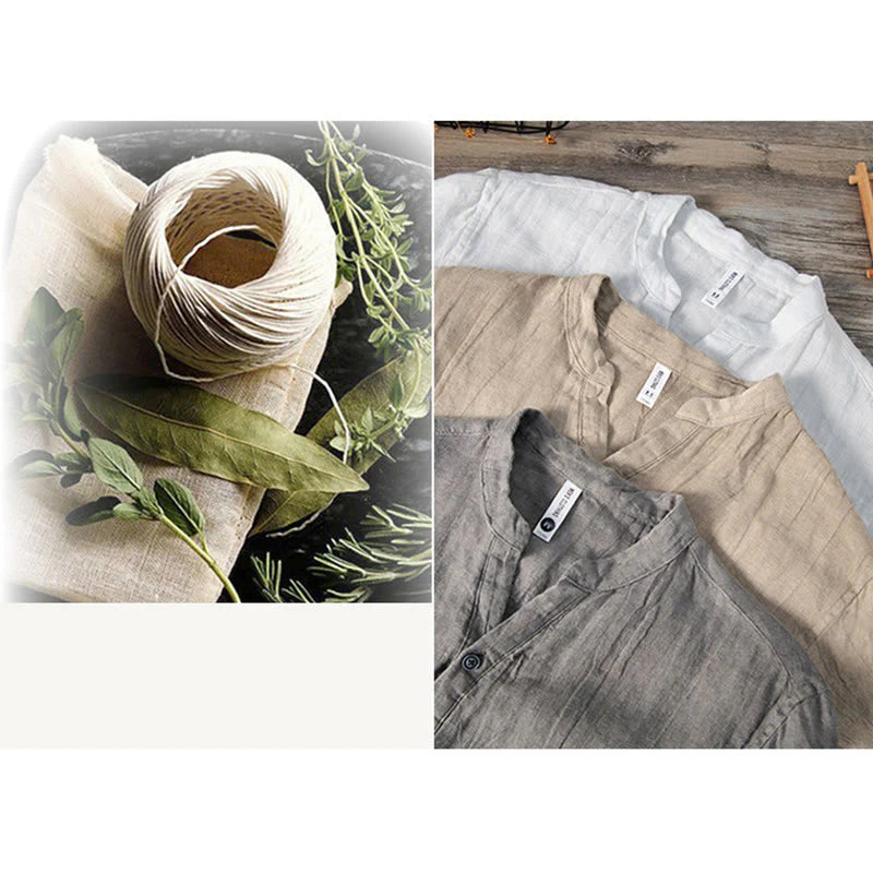 Buddha Stones Solid Color Long Sleeve Half Button Shirt Cotton Linen Men Clothing