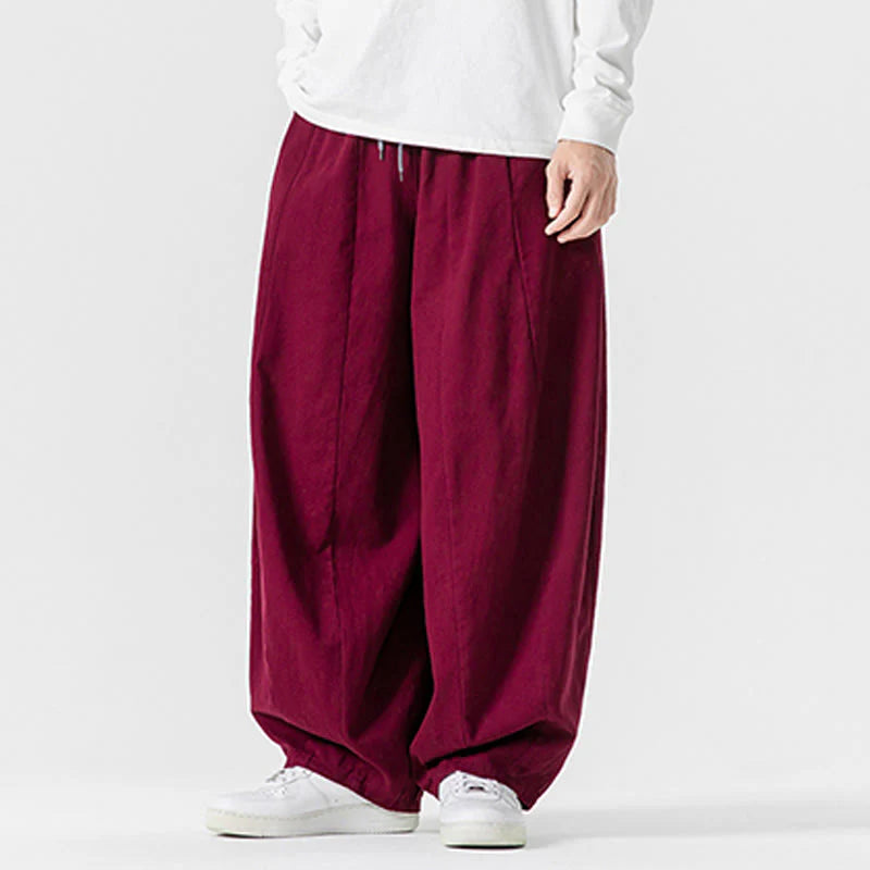 Buddha Stones Winter Commute Plain Drawstring Design Men's Wide Leg Cotton Pants With Pockets
