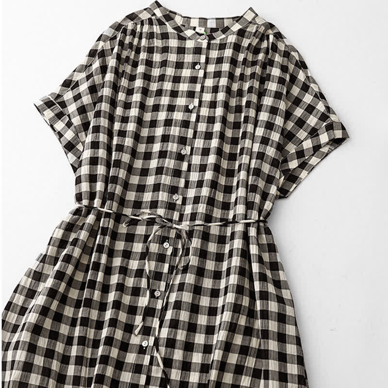 Buddha Stones Spring Gingham Knee Length Women's Short Sleeve Dress With Tie Waist Chiffon Hem